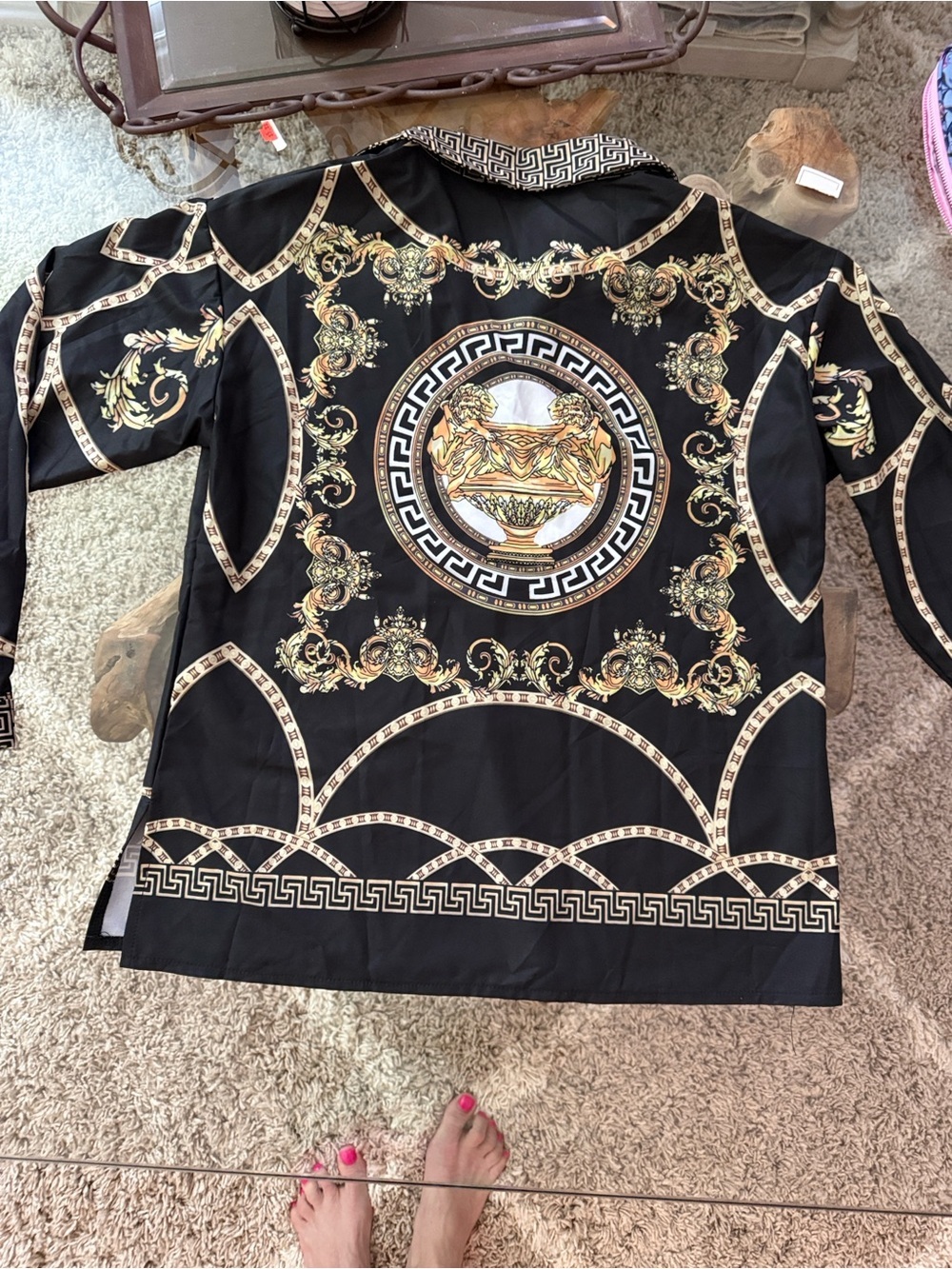 Baroque-Print Button-Up Shirt in Black and Gold - Picture 13 of 15